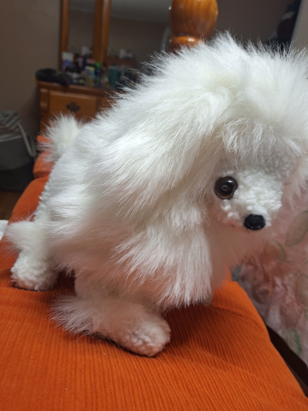 Vintage Two Texture Plush White Fluffy Poodle .realistic Eyes And Fur